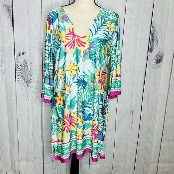 Beach Break Shift Dress Women’s Size Large Bright Colorful 3/4 Sleeve Stretch - Picture 1 of 12
